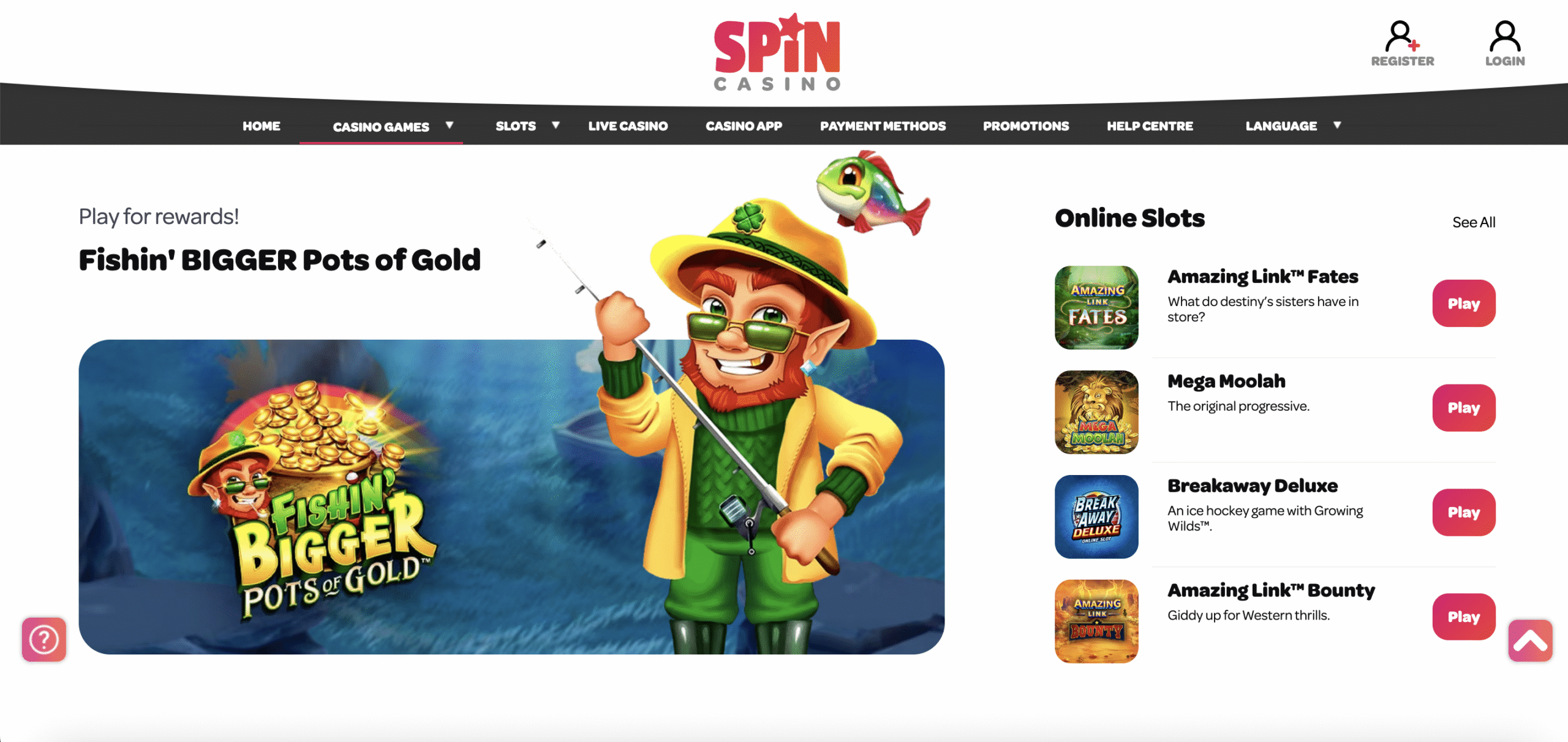 Spin Casino - showcasing the homepage and game selection